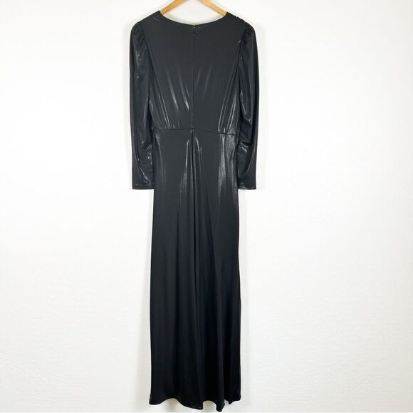 DKNY Dress Side Ruched Jersey Long V-neck Surplice Dress Faux Leather Look 6 NWT - Picture 9 of 16